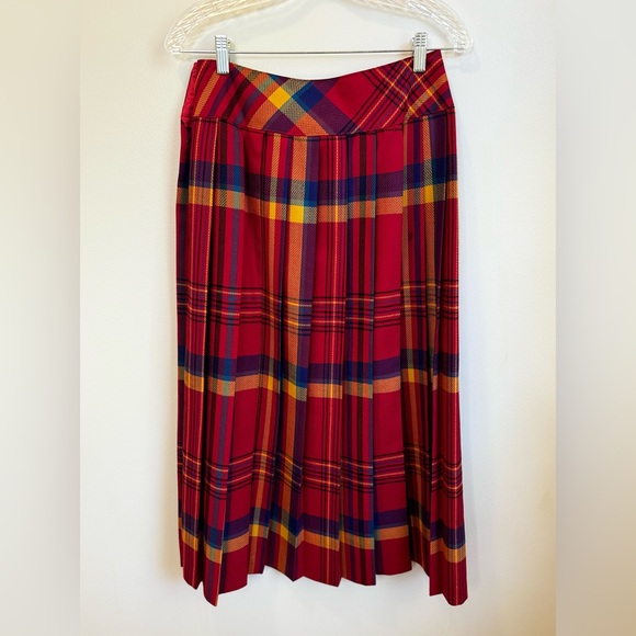 Vintage S - 80s Long Pleated Plaid Maxi Skirt High Waist Wool Blend Winter Small - Picture 4 of 7